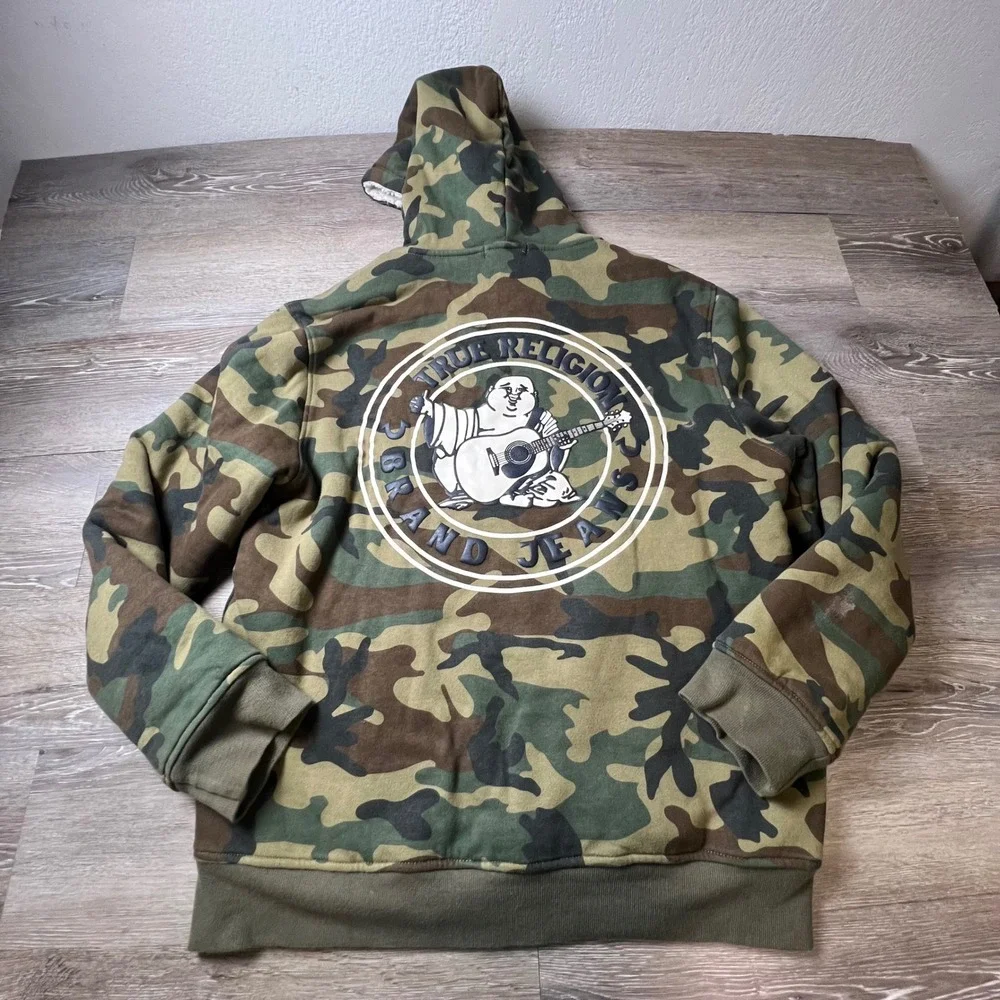 True Religion Hoodie Mens Camo Sherpa Lined Buddha Graphic Full Zip Jacket
